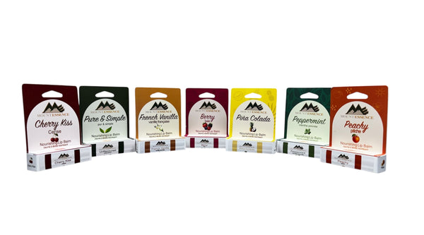 Mount Essence vegan lip balms in seven flavours — Cherry Kiss, Pure & Simple, French Vanilla, Berry, Piña Colada, Peppermint, and Peachy
