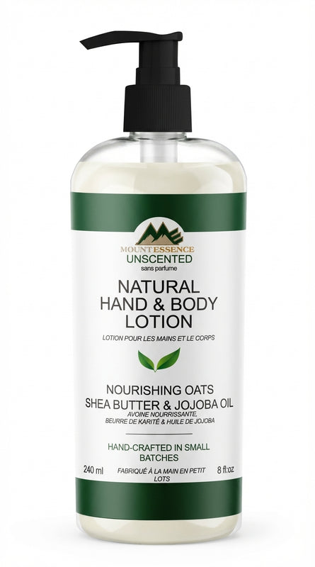 Natural hand and body lotion bottle with pump on a white background