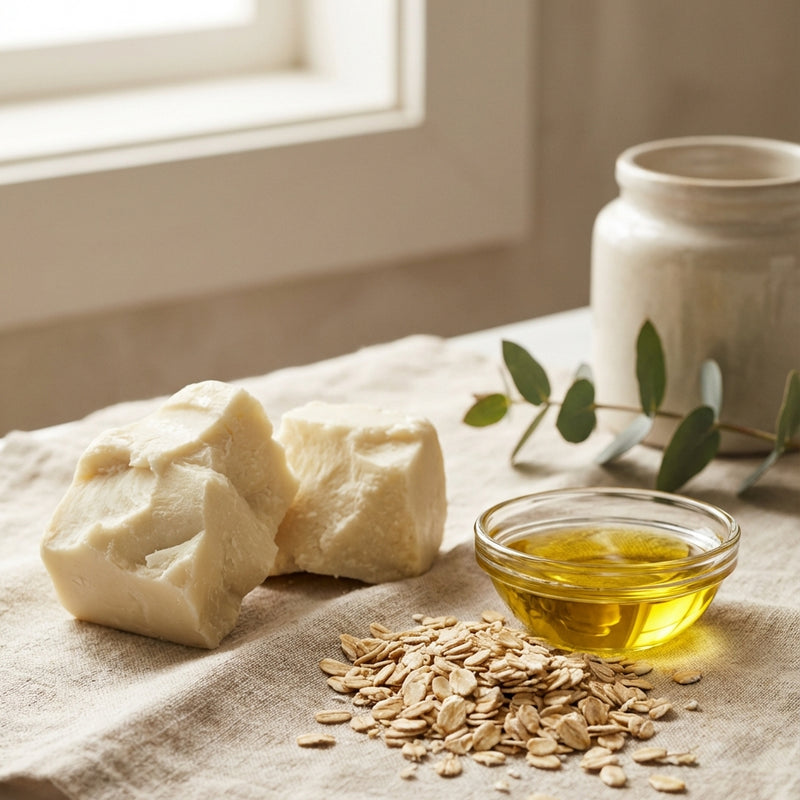 Natural skincare products including butters, oil, and oats on a textured surface with a window in the background.