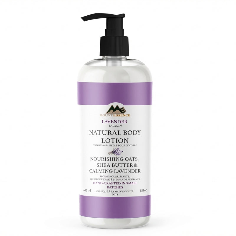 Lavender natural body lotion bottle with pump on a white background