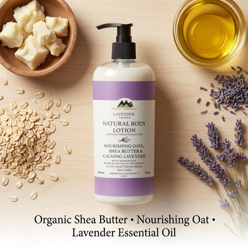 Bottle of natural body lotion with lavender, shea butter, and oats on a wooden surface