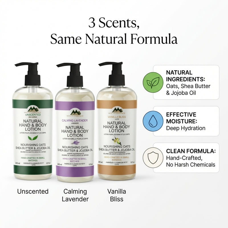 Three bottles of natural hand and body lotion with different scents on a white background.