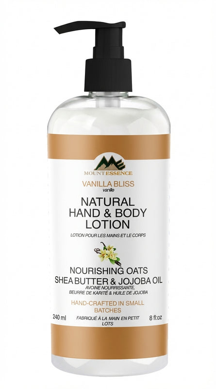 Natural hand and body lotion bottle with pump on a white background
