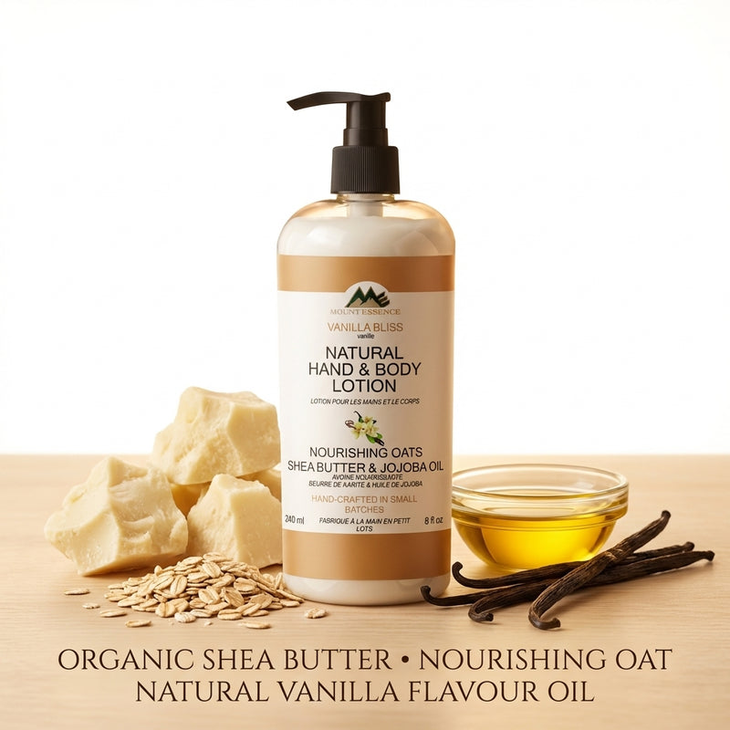 Hand and body lotion with shea butter, oats, and vanilla beans on a wooden surface